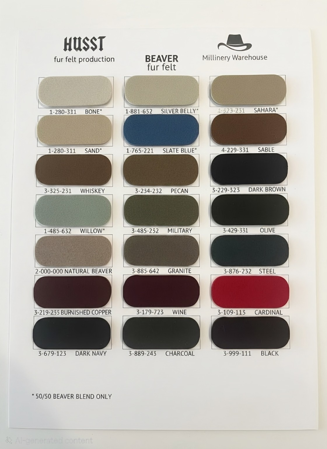 Available beaver felt color chart