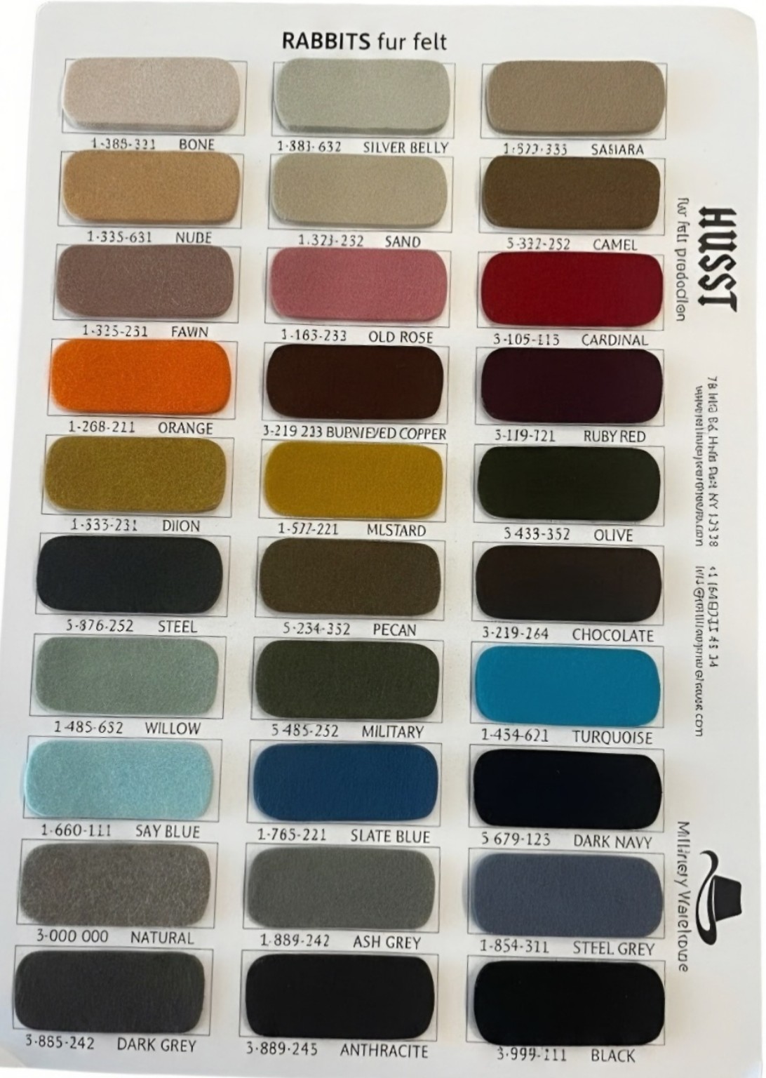 Official available rabbit felt color chart
